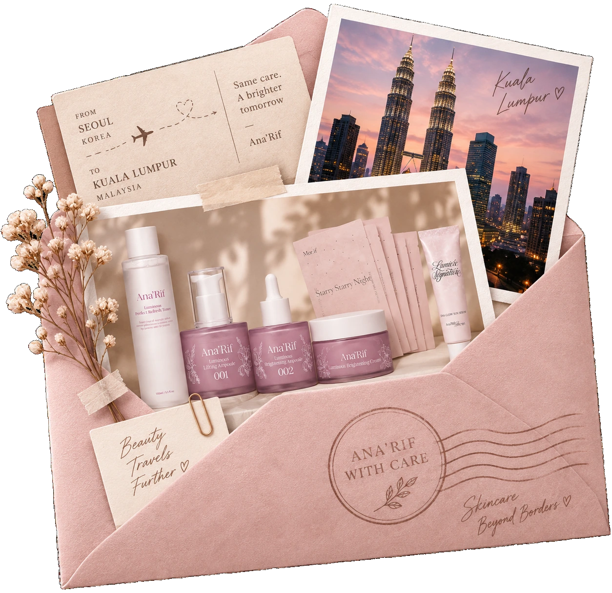 A pink envelope postmarked from Seoul to Kuala Lumpur, open to reveal Ana'Rif skincare products, a Kuala Lumpur skyline photo, and a Beauty Travels Further note, with dried flowers