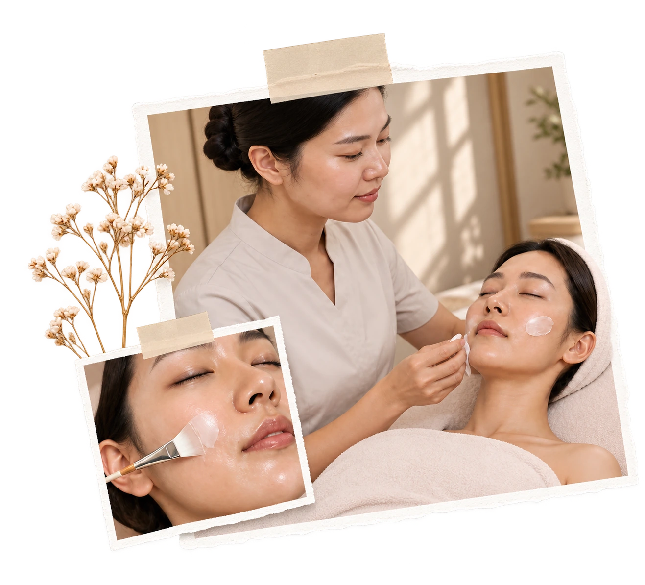 A beauty therapist applying a facial treatment to a client at a K-SPA, with a close-up inset of the treatment being brushed on, pinned scrapbook-style with dried flowers