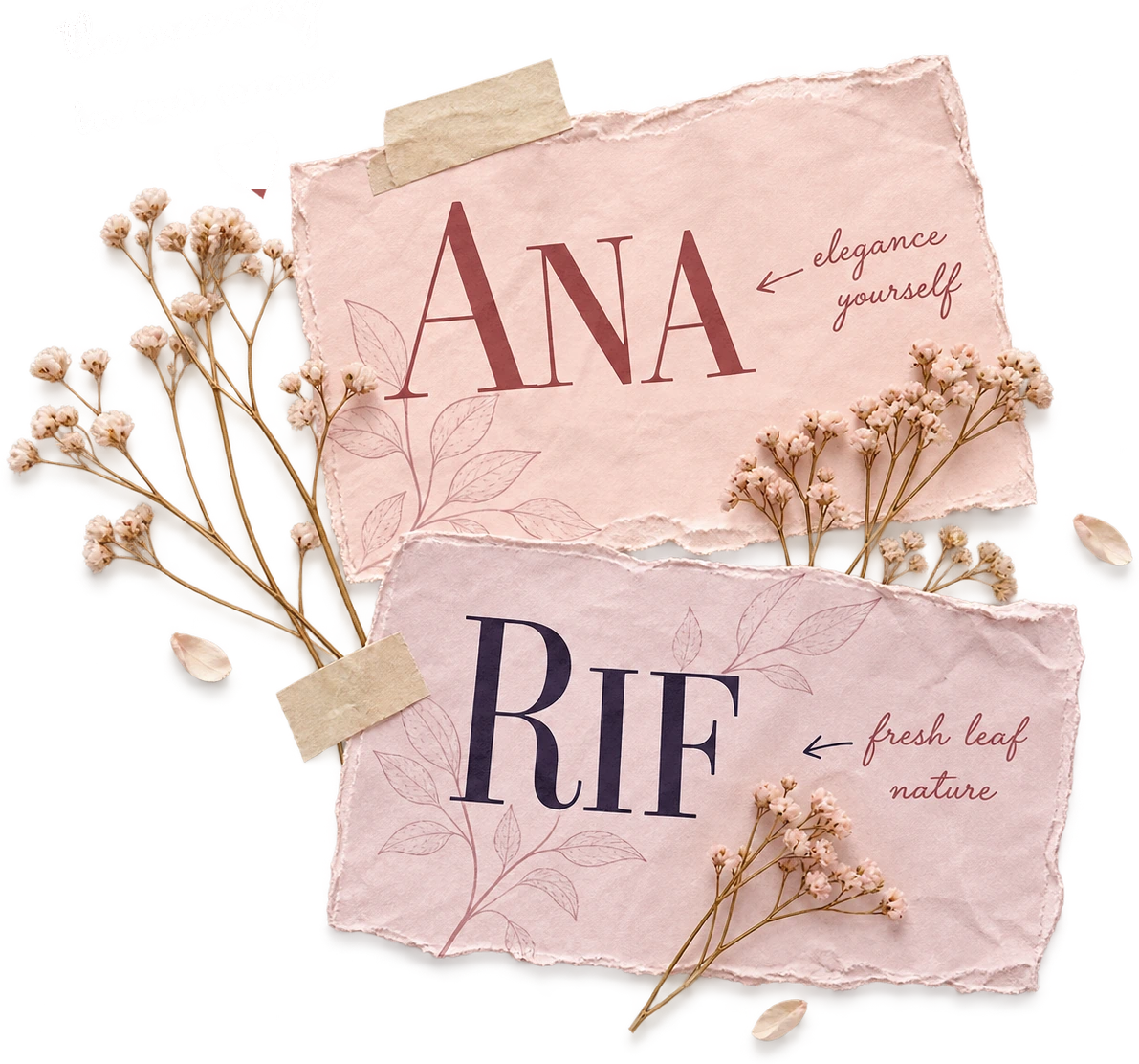 Two torn paper cards reading ANA — elegance, yourself, and RIF — fresh leaf, nature, pinned with washi tape among dried baby's breath sprigs