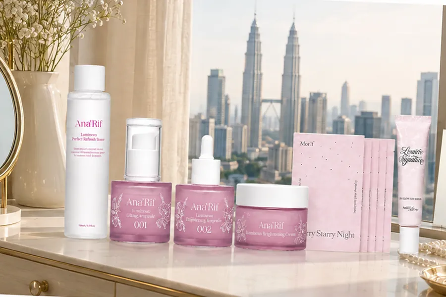 The Ana'Rif range on a vanity, with the Kuala Lumpur skyline through the window