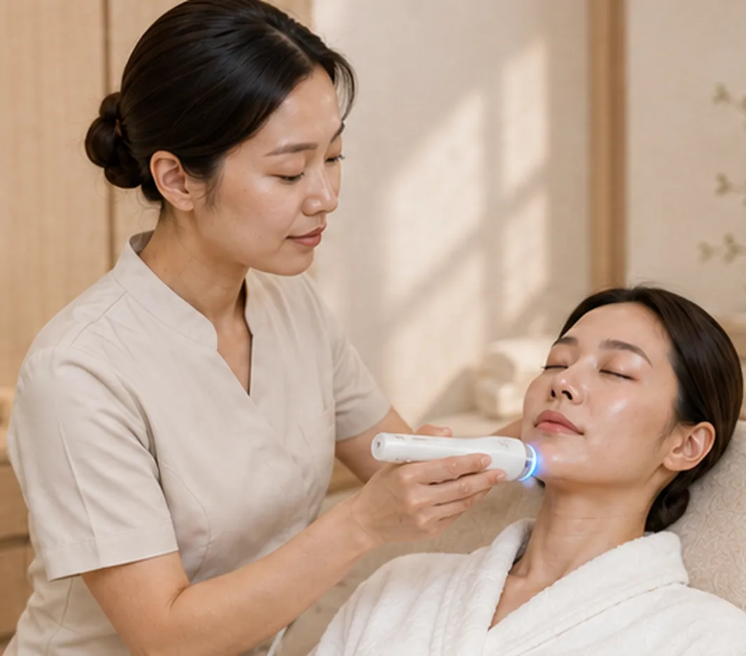 A K-SPA esthetician giving a device-assisted facial treatment in Seoul