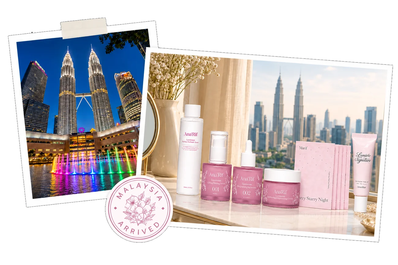 Polaroid snapshots of the Petronas Twin Towers at night beside the Ana'Rif range on a Kuala Lumpur vanity, stamped Malaysia Arrived