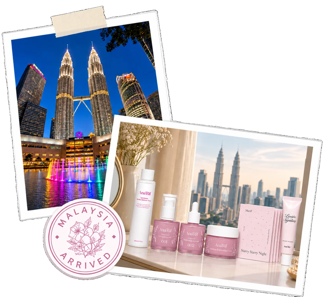 Polaroid snapshots of the Petronas Twin Towers at night beside the Ana'Rif range on a Kuala Lumpur vanity, stamped Malaysia Arrived